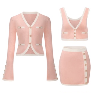 NanaJacqueline经典款复古撞色三件套女春新款千金针织衫背心短裙