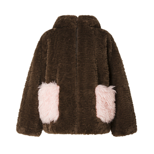 【草莓小兔】Uena明星同款咖粉撞色环保皮草兔耳朵连帽毛绒外套女