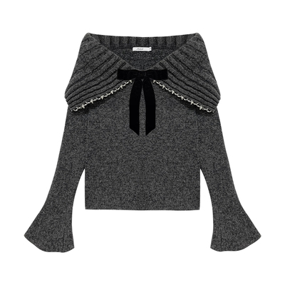 蝴蝶结珍珠喇叭袖毛衣半裙套装