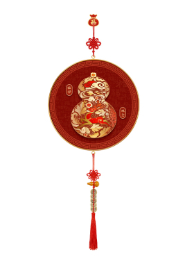 福禄双全客厅电视背景墙装饰画新中式葫芦五帝钱高级感圆形的挂画
