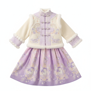 古风女童汉服紫色超仙拜年服套装加棉加厚新中式2025儿童过年冬装