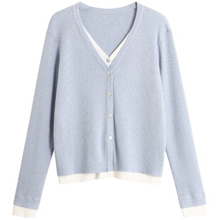 IMCC设计感小众洋气个性假两件V领针织开衫女宽松显瘦拼色上衣ins