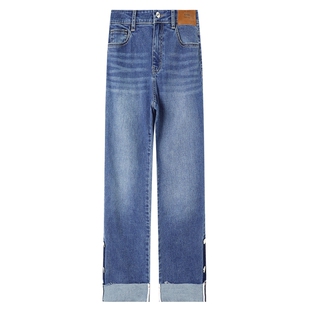 白鹿语牛仔裤春款女磨毛翻边裤脚直筒裤九分裤子女烟管裤