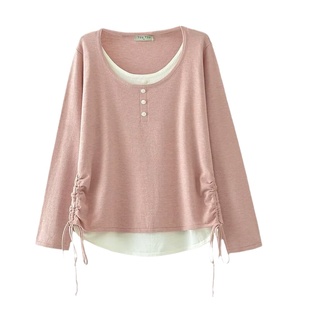 宛宛大码女装小排扣正肩假两件上衣春秋微胖mm遮肉显瘦内搭打底衫