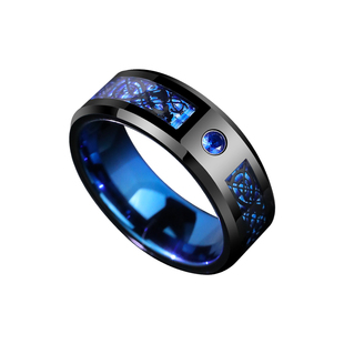 轻奢飒雅蓝色男士戒指锆石高级网红色钨金男戒指时尚精致生肖龙戒