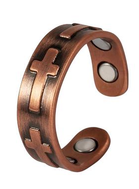 新款纯红铜紫铜男士戒指开口可调节十字架简约复古戒子男女同款