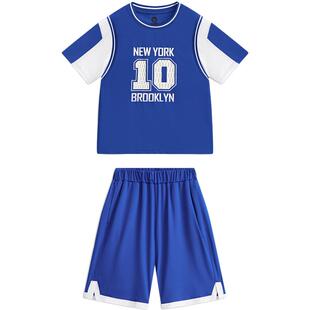 马骑顿MQD童装男大童夏弹力速干运动篮球数字圆领T恤短裤套装组合