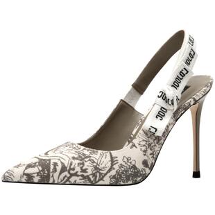 【经典系列】JOOC玖诗设计师印花高跟鞋女细跟后空织带单鞋子