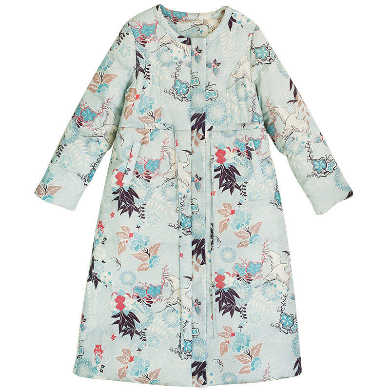 文艺羽绒服女款冬季仙鹤印花外套