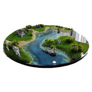 简约餐桌中间摆花饭店转盘花圆桌装饰品高端山水摆件餐厅仿真花