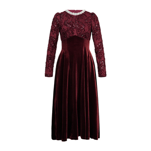 高级感镶钻丝绒礼服连衣裙女秋冬新款气质酒红色轻奢高定年会战袍