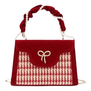 香港代购红色包包女结婚小众高级感新婚礼物千鸟格手提女包新娘包