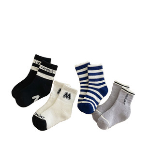 儿童袜子 4双秋冬厚毛圈男女童洋气ins条纹M字母学生中大童中筒袜