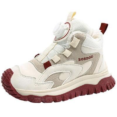 巴布豆童鞋女童棉鞋2026冬季新款皮面防水加绒加厚保暖儿童运动鞋