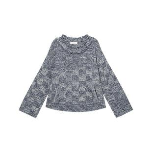 羊织道群青 秋冬毛衣女花纱混纺针织衫卫衣圆领套头牛仔蓝上衣