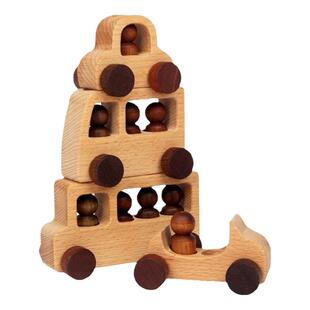 原木仿真木制小车积木小人组装模型过家家早教益智儿童玩具车套装