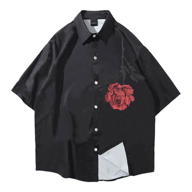 玫瑰花骷髅潮牌衬衣宽松尖领港风