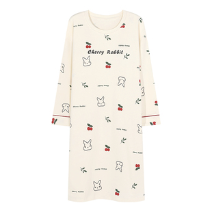 睡裙女秋款2025新款春秋季纯棉长袖自带胸垫睡衣圆领高级感家居服