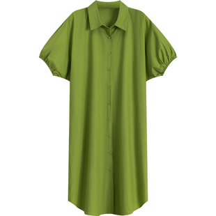 连衣裙女春款2022新款韩系温柔泡泡袖短袖绿色宽松衬衣裙衬衫裙子