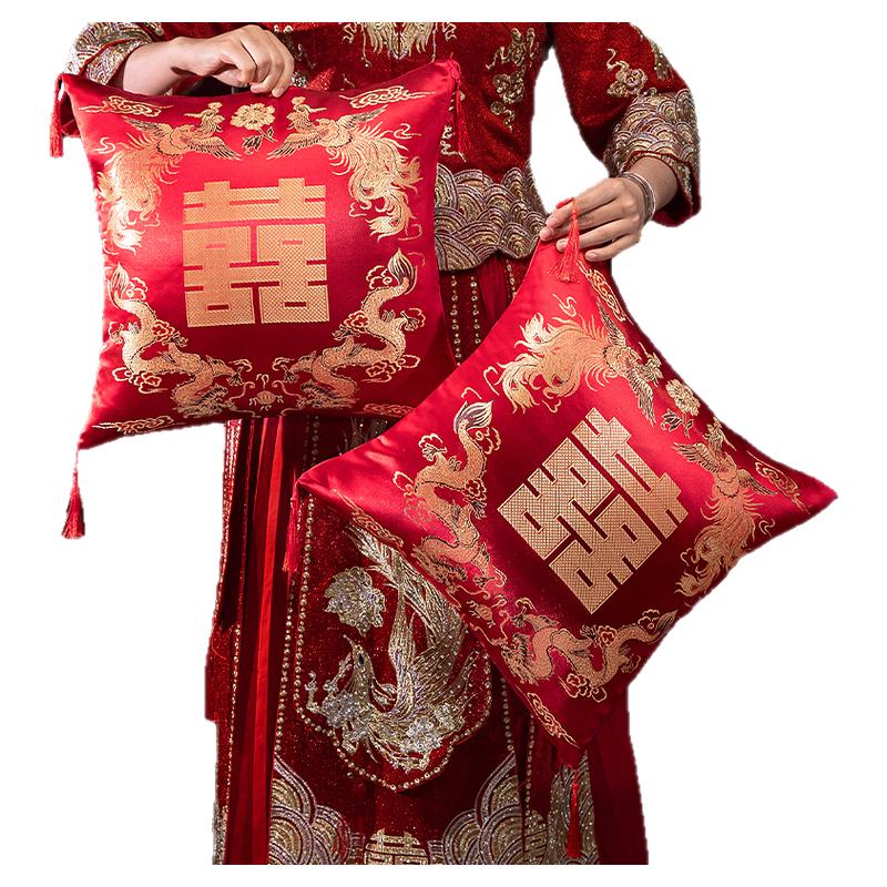 结婚抱枕一对婚庆婚房压床红色喜字靠枕新婚沙发双喜十字绣靠背垫