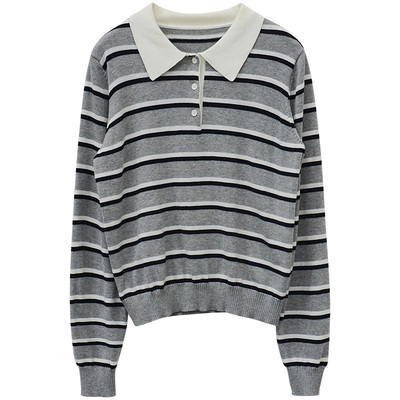 色条纹翻领polo衫长袖针织衫女
