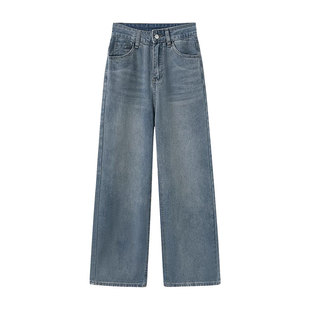 美式复古加绒直筒牛仔裤女秋冬大码胖mm宽松显瘦高腰阔腿长裤子潮