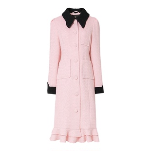 秋冬季女装2025新款撞色修身粗花呢子大衣粉色收腰中长款毛呢