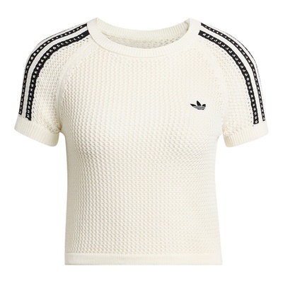 Adidas/阿迪达斯正品三叶草女条纹针织镂空修身短款短袖T恤KE0200