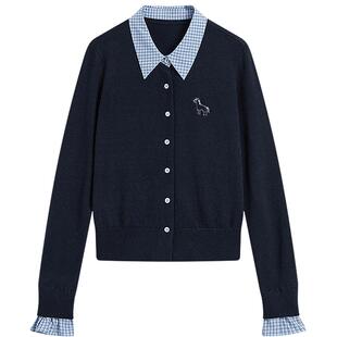 KBNE学院风假两件灰色针织开衫女2026春季新款polo领毛衫刺绣上衣