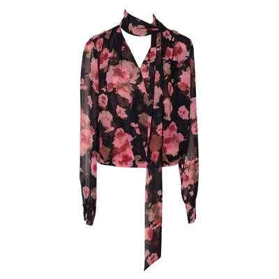 DPLAY2026年春季新款粉色印花衬衫女飘带设计碎花衬衣宽松上衣