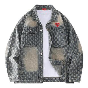 查尔斯桃心美式重工水洗复古提花牛仔夹克男女2026春秋情侣装外套