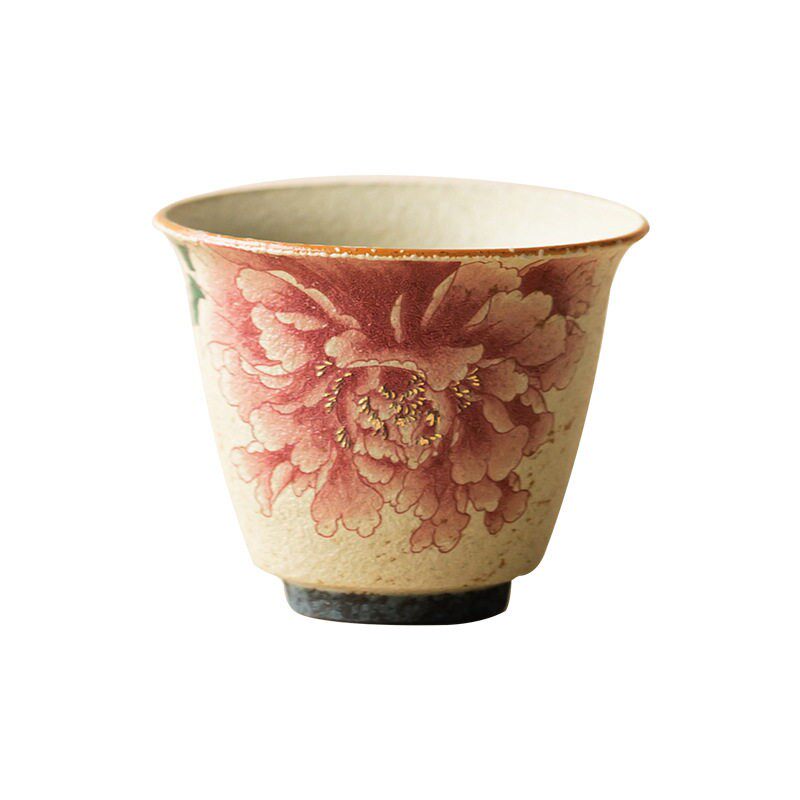 青花火石红陶瓷花口杯禅定茶杯