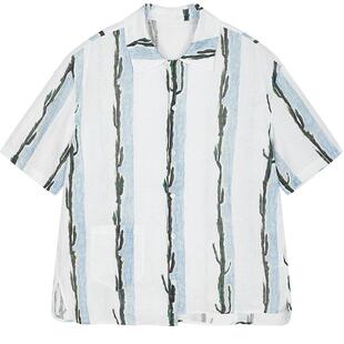 [亚麻]速写男装春夏新款男士衬衫植物印花短袖衬衫休闲度假风