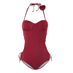 泳衣女款2026新款爆款高级感酒红色连体绑带小胸钢托聚拢显白显瘦