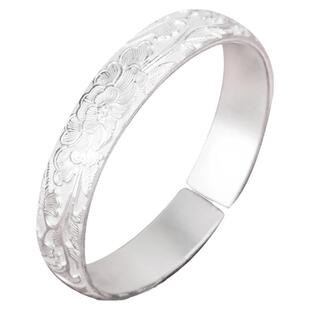 999纯银手镯女繁花中国风实心开口年轻款手工银镯子送礼刻字定制