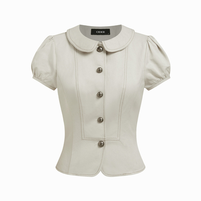 CIDER2026春季新品ootd棉混纺彼得潘翻领泡泡袖上衣套装115200888