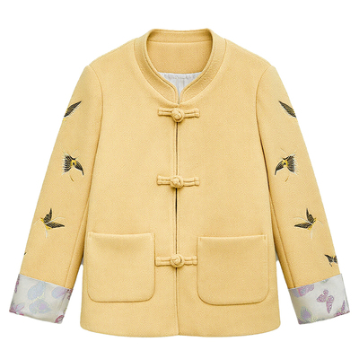 DM100大码百分百女装微胖mm冬季国风蝴蝶刺绣翻边毛呢羽绒服外套