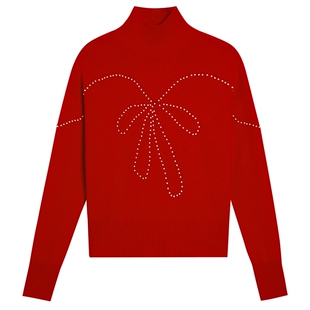 YINER音儿专选2026春季新款钉珠蝴蝶结装饰美丽诺纯羊毛针织衫