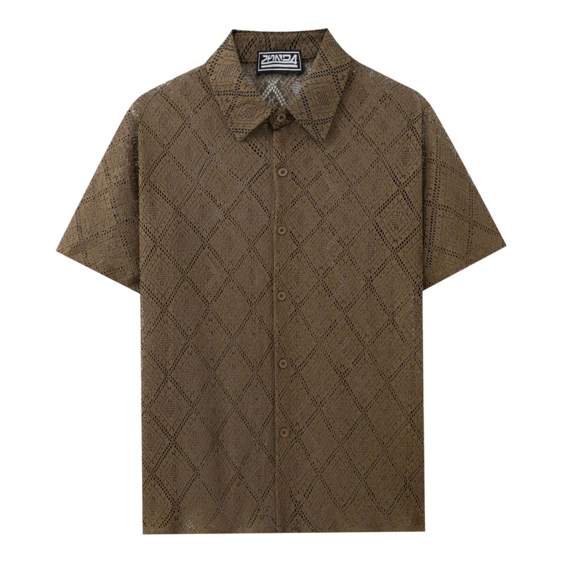 2026春夏新款港风纯色镂空短袖衬衣男大码蕾丝休闲衬衫Men shirts