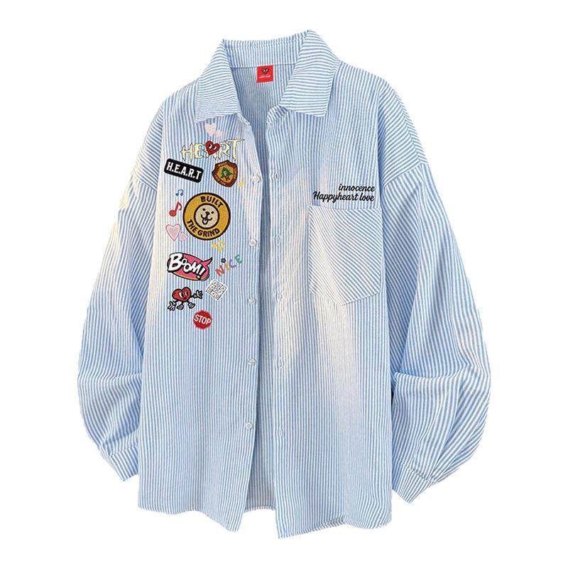 查尔斯桃心美式条纹印花长袖衬衫