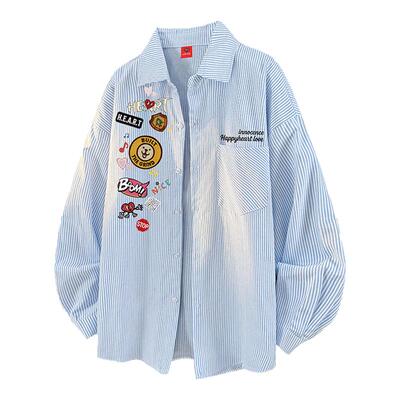 查尔斯桃心美式条纹印花长袖衬衫