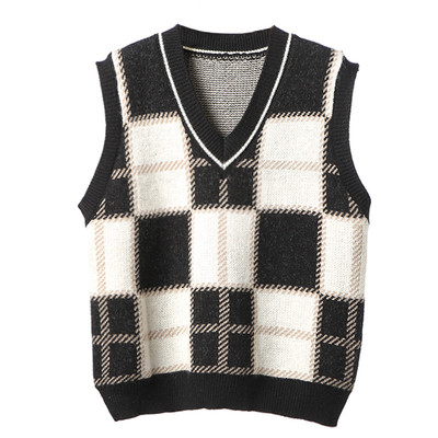 复古风格子秋冬季领毛衣无袖坎肩