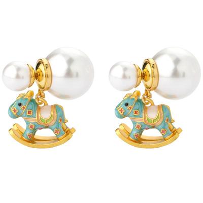 新中式摇摇木马耳坠耳钉女小众珐琅珍珠设计彩色夏季多巴胺耳饰品