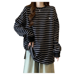 德绒保暖条纹打底衫女秋冬内搭长袖T恤宽松加绒加厚中长款上衣服