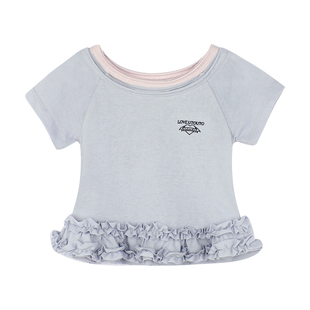 大耳象女童花边T恤2026夏季新款宝儿假两件领口甜美短款薄上衣