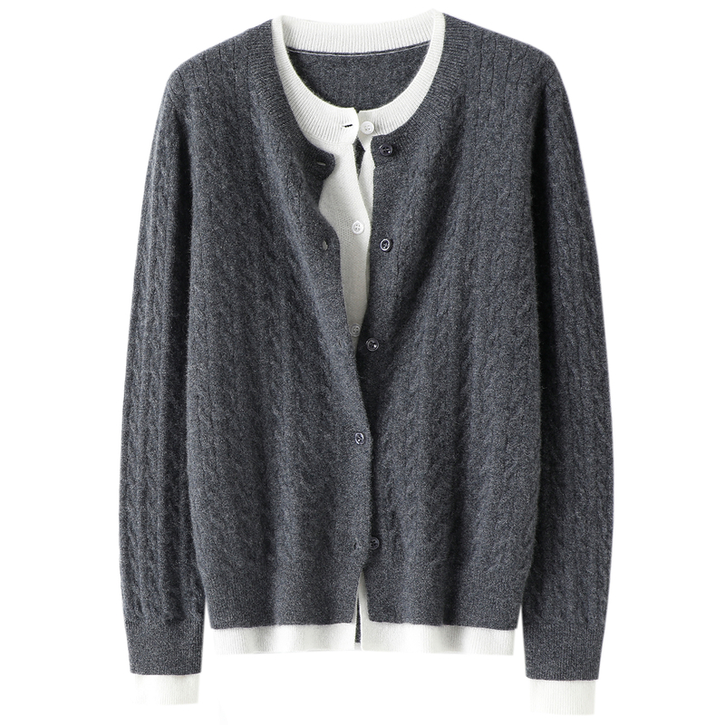 美！心驰神往~假两件圆领100%纯山羊绒开衫女纯羊绒毛衣针织外套