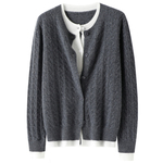 美！心驰神往~假两件圆领100%纯山羊绒开衫女纯羊绒毛衣针织外套