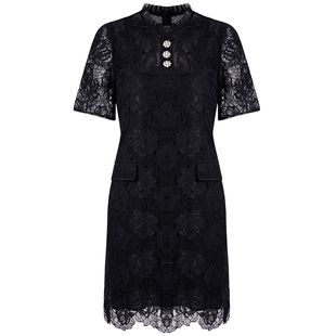 马天奴夏季新款女黑色蕾丝绣花连衣裙子修身百搭约会短裙短袖气质