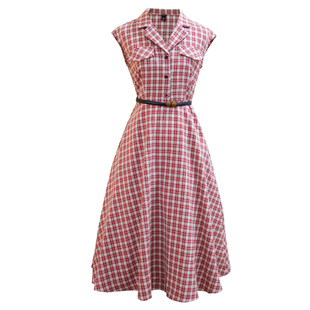 JUJU定制港风复古法式茶歇裙收腰显瘦无袖红格子polo连衣裙女夏季