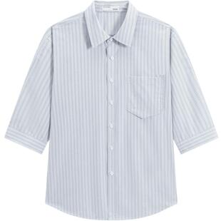 【A】GXG男装蓝色条纹休闲宽松翻领七分袖衬衫男士上衣24年夏季品